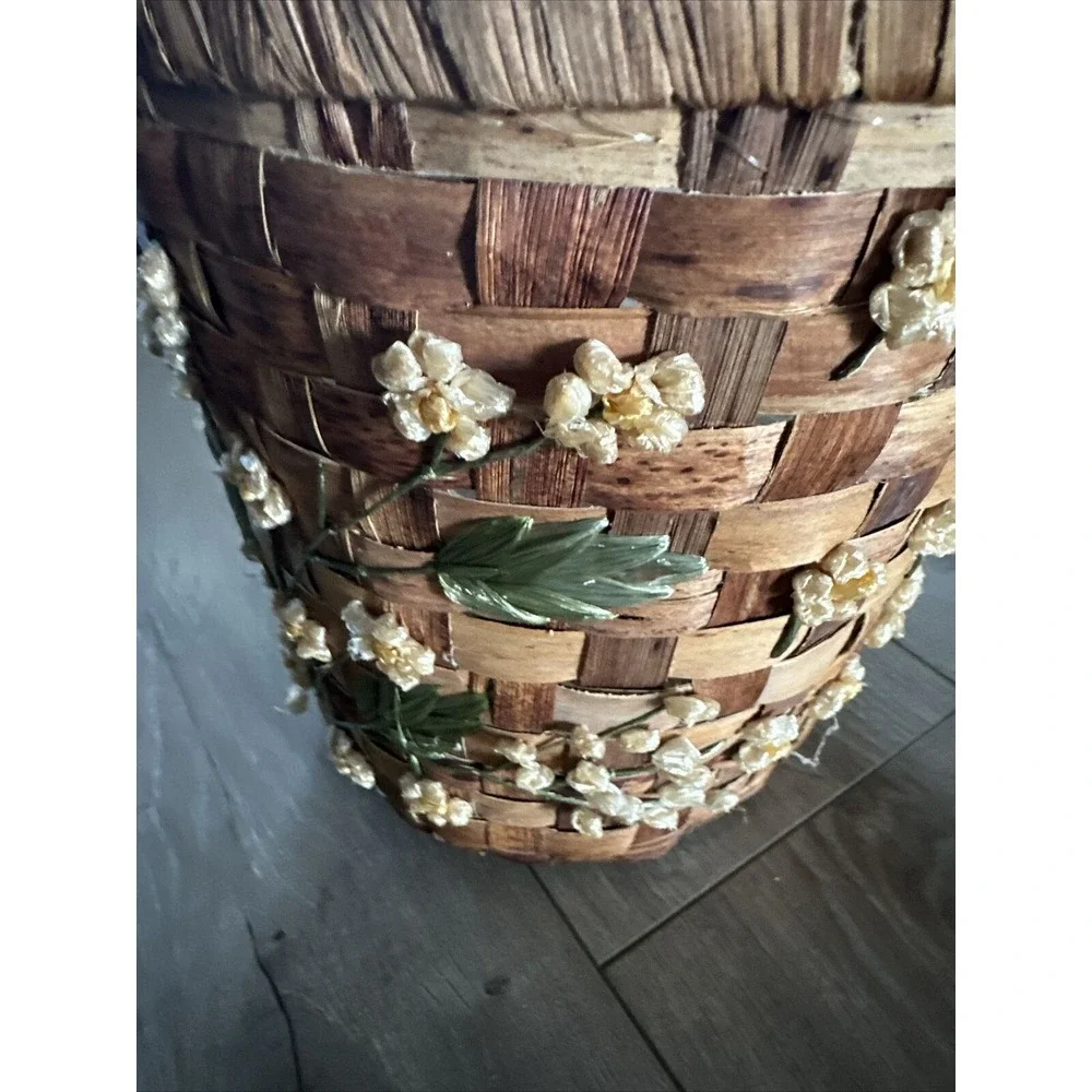 Vintage Floral Woven Rattan Basket Or Planter Kitchen Trash‎ Can Decor 10